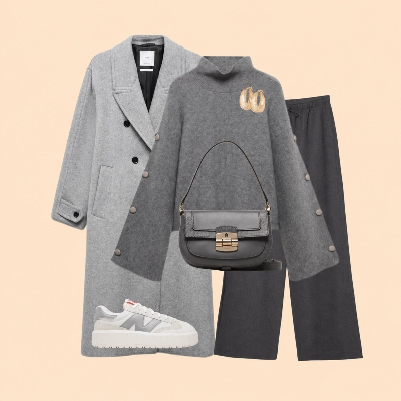 Šedý dámský kabát – základ podzimních outfitů v total grey looku.