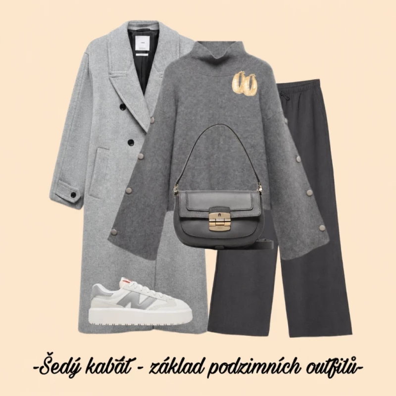 Šedý dámský kabát – základ podzimních outfitů v total grey looku.